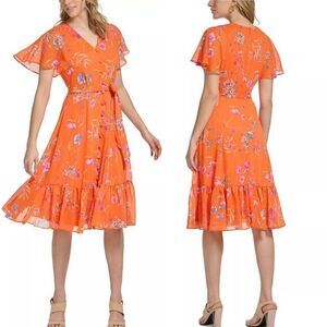 NEW CALVIN KLEIN Women's V-Neck Short-Sleeve Chiffon‎ A-Line Dress